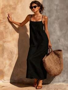 Linen Spaghetti Strap Maxi Dress For Women - Summer Casual Solid Color Beach Vacation Long Dress With Breathable Fabric For Resort Travel Date Night - 黑色 - 查看 7