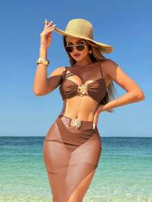 Nuevo y sexy traje de baño de tres piezas de color sólido con falda larga de malla, bikini - Rojo - Ver 9
