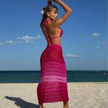 Nuevo Bikini Sexy de Tres Piezas con Falda Larga de Malla Degradada para Playa - Rosa Fucsia - Ver 3