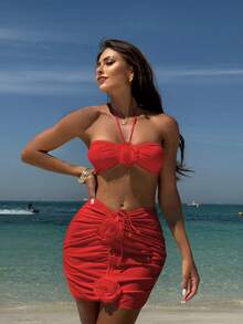 Nuevo y sexy traje de baño de tres piezas con estampado de rosas, sin tirantes y de color sólido. - Rojo - Ver 12