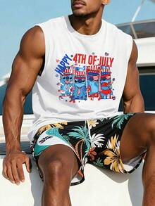 Disney Official Licensed Lilo & Stitch Happy 4th Of July Sleeveless Tank Top, Patriotic USA Flag Print Casual Vacation Independence Day Graphic Tee For Men - 白色 - 查看 1