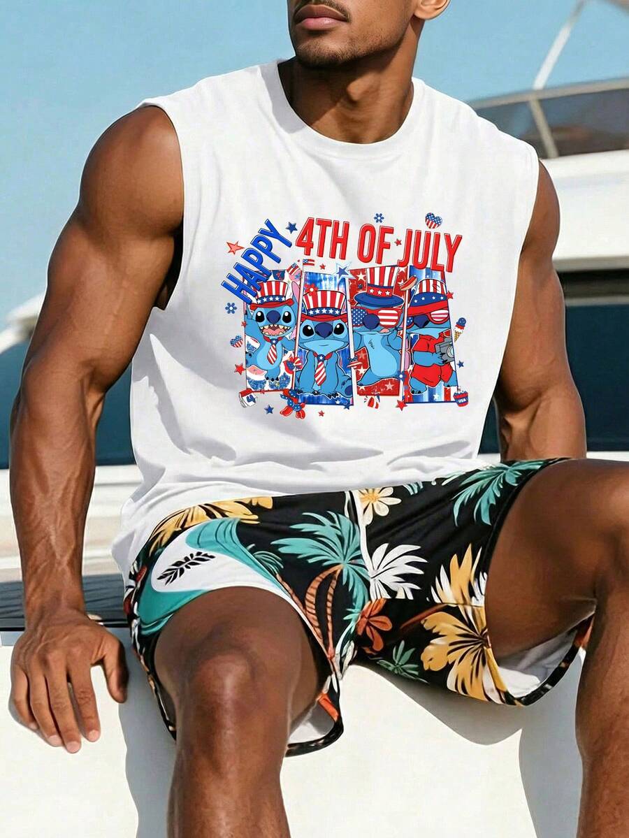 Disney Official Licensed Lilo & Stitch Happy 4th Of July Sleeveless Tank Top, Patriotic USA Flag Print Casual Vacation Independence Day Graphic Tee For Men - 白色 - 查看 1