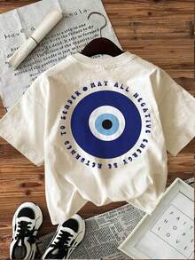 Camiseta Holgada Sencilla Mujer Estilo Moderno Camiseta casual de verano para mujer con estampado de doble cara que presenta arte pop, ojo turco y un mensaje para el remitente para expulsar toda la energía negativa, cuello redondo, manga corta, 100% algodón.Camiseta Mujer Estampado Gráfico  Verano 2026 - Albaricoque - Ver 4