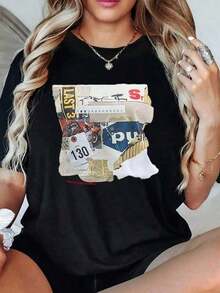 Camiseta de Mujer con Estampado Gráfico Vintage, 220g, Casual de Verano, 100% Algodón, Cuello Redondo, Manga Corta, Corte Holgado, Top Básico para Uso Diario, Camiseta de Algodón con Cuello - Negro - Ver 1