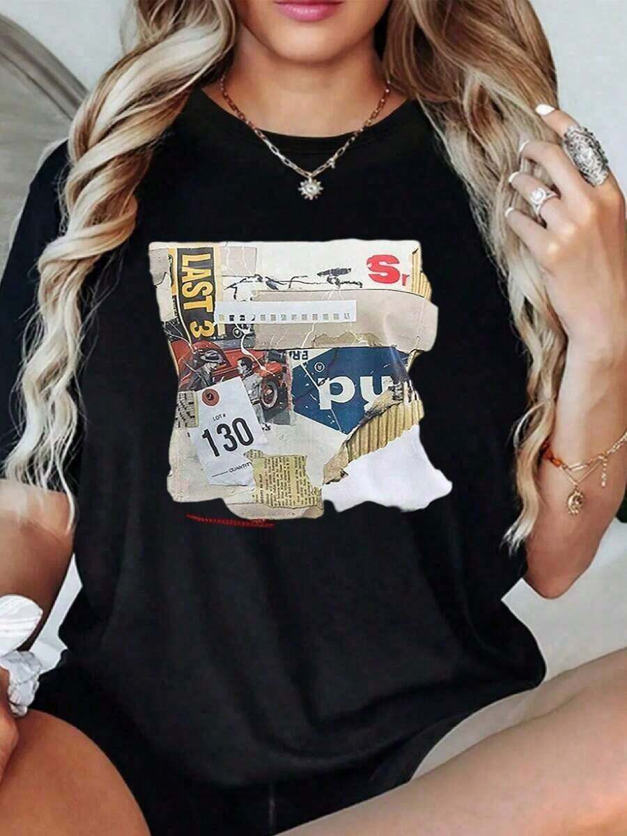 Camiseta de Mujer con Estampado Gráfico Vintage, 220g, Casual de Verano, 100% Algodón, Cuello Redondo, Manga Corta, Corte Holgado, Top Básico para Uso Diario, Camiseta de Algodón con Cuello - Negro - Ver 1