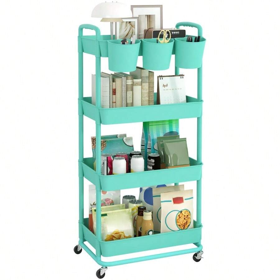 Plastic Rolling Storage Cart Utility Cart With Extra Hanging Cups Handles Lockable Wheels For Living Room Bathroom Kitchen Office - 綠色 - 查看 1