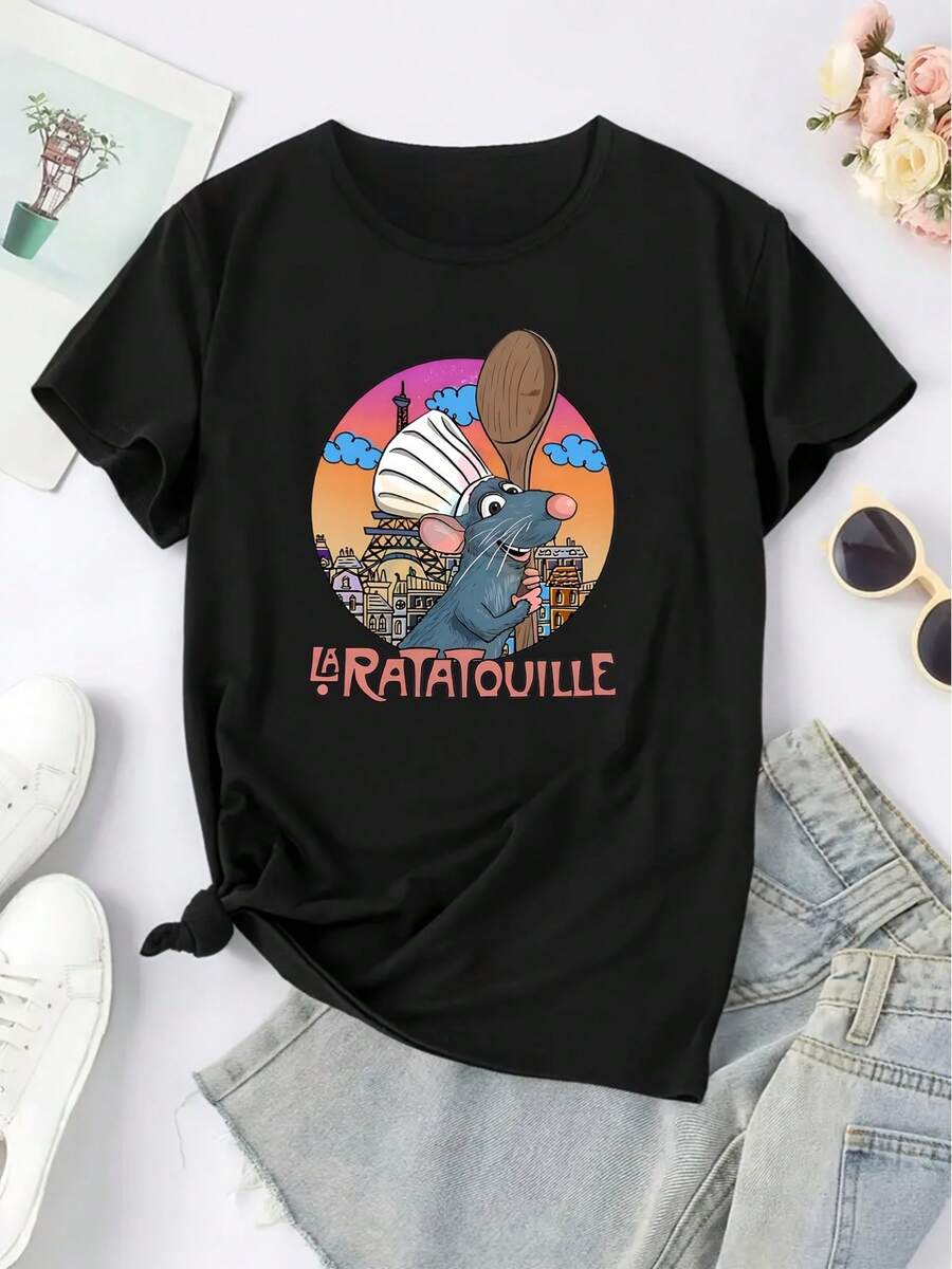 Camiseta casual de mujer con estampado de dibujos animados, cuello redondo, manga corta, estilo formal, adecuada para todas las estaciones, blusas para mujer, playeras de mujer, tops, blusa, top, playeras. - Negro - Ver 1