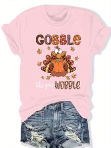 Camiseta Gráfica Rosa de Talla Grande para Mujer con la Frase "Gobble Till You Wobble" - Cuello Redondo Casual, Manga Corta, Diseño Temático de Otoño y Halloween con Calabaza y Hojas de Otoño, Ropa Casual|Estampado Divertido|Tela Elástica - Rosa - Ver 6