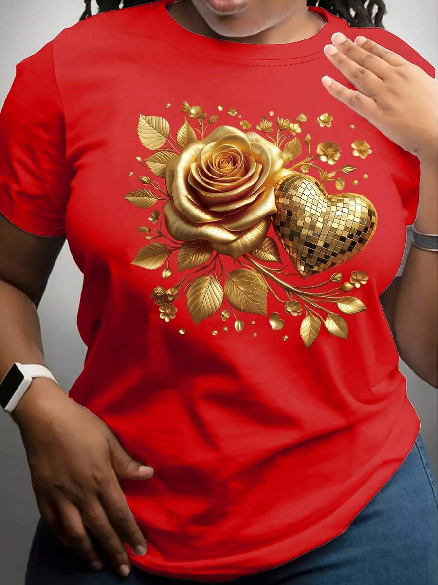 Floral Print T-Shirt, Casual Short Sleeve Top With Round Neck, Women's Clothing For Spring/Summer - Unisex Loose Cotton Short Sleeve Round Neck Urban Vintage Style T-Shirt. - 紅色 - 查看 1