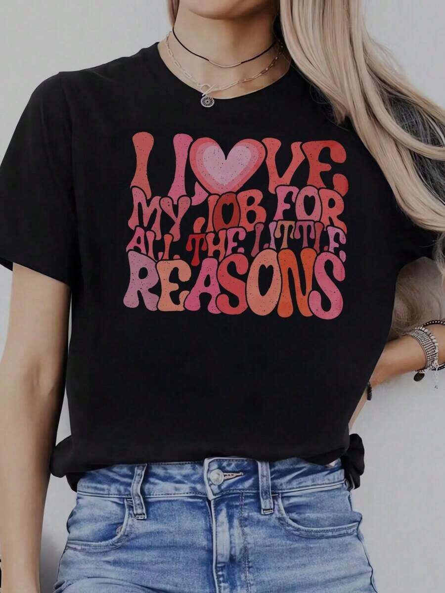 Camiseta Casual de Manga Corta con Cuello Redondo para Mujer, Diseño Creativo con Estampados para el Día de San Valentín, Diseño Simple, Ideal para Ocio al Aire Libre, Cómoda y Versátil, Cam - Negro 1 - Ver 1