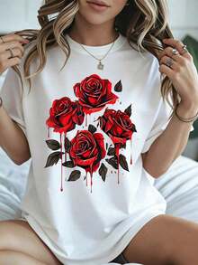 Elegante y casual para mujer, manga corta, camiseta con estampado de rosas para el Día de San Valentín, diseño de rosas rojas, color blanco, ropa casual para primavera y verano. - Blanco - Ver 8