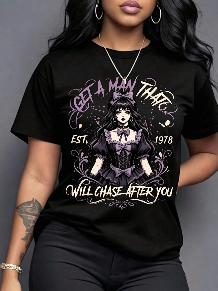 Ropa de mujer de talla grande, camisetas 100% de talla grande, camisetas estampadas de 180 gramos, ropa de uso diario a la moda, tops de verano, regalos elegantes para las vacaciones. - Negro - Ver 1