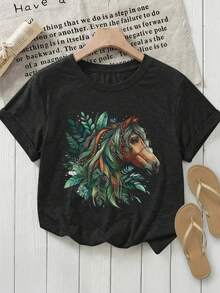 Camiseta unisex de manga corta, para mujerEuropeoYVeranoManga cortaImpresoModaRopa urbanaVersátilInformalDeportesSuperiorconaRedondoCuello-Con características destacadasVibranteCaballoYFloralPatrones,ProporcionandoTodo el díaComodidad,aImprescindibleparaPrimaveraActividades de los jugadoreshombre, , , Dazymujer,romwehombres, bohochic,maestrasregalos,camisetaparaconjuntos de mujercon curvasparamu,y2k, - Negro - Ver 1