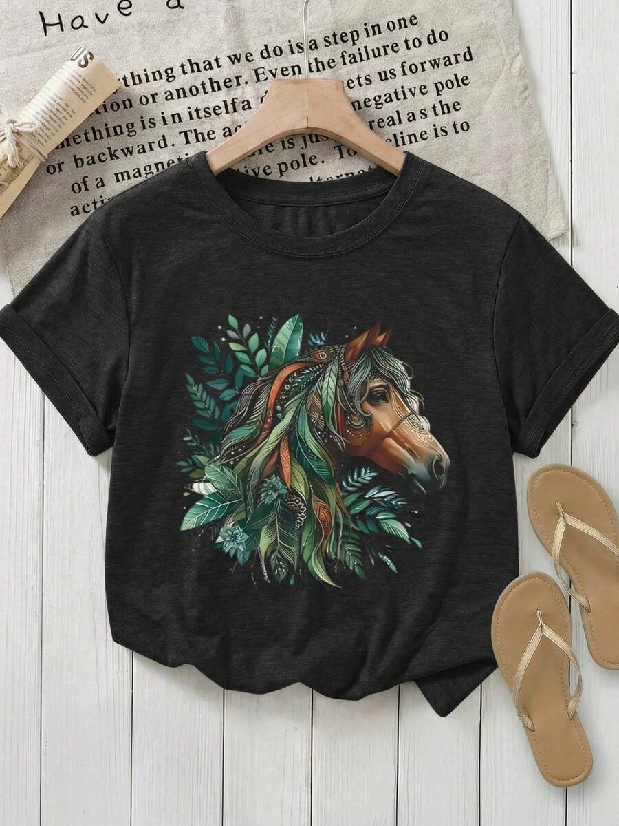 Camiseta unisex de manga corta, para mujerEuropeoYVeranoManga cortaImpresoModaRopa urbanaVersátilInformalDeportesSuperiorconaRedondoCuello-Con características destacadasVibranteCaballoYFloralPatrones,ProporcionandoTodo el díaComodidad,aImprescindibleparaPrimaveraActividades de los jugadoreshombre, , , Dazymujer,romwehombres, bohochic,maestrasregalos,camisetaparaconjuntos de mujercon curvasparamu,y2k, - Negro - Ver 1