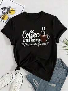 1 Pieza de Ropa de Otoño para Mujer "El Café Es La Respuesta, ¿Cuál Es La Pregunta? "Camiseta Casual de Cuello Redondo para Mujer, Estilo Casual, para Amantes del Café, Ropa de Otoño, Regalo de Navidad, Ropa Navideña con Estampado de Taza de Café - Negro - Ver 8
