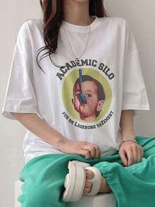 Camiseta Casual de Mujer con Cuello Redondo, Corte Holgado y Estampado Gráfico, Blusas Bonitas de Estilo Vintage Urbano, Camiseta Unisex de Algodón de Manga Corta y Cuello Redondo. blusas.blusas casuales para dama. - Blanco - Ver 7