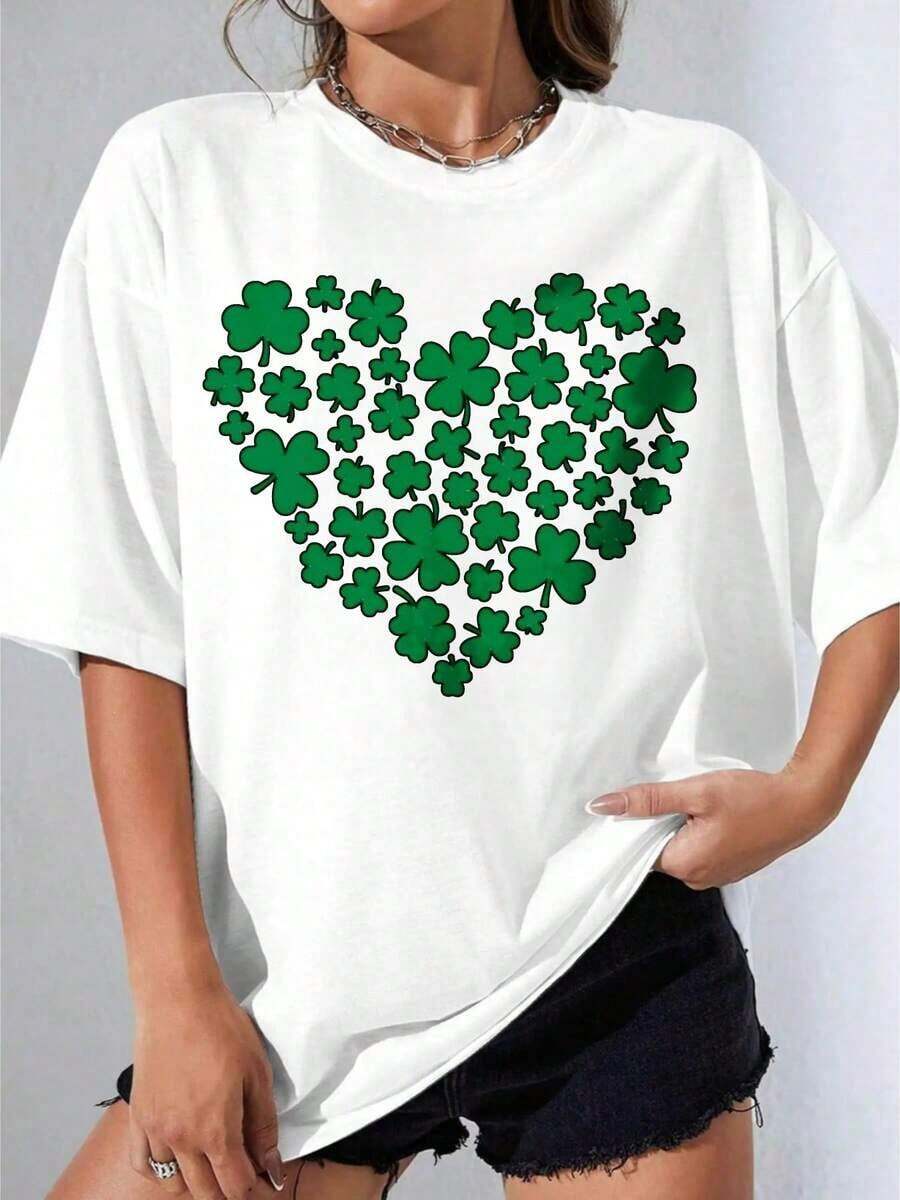 Women's T-Shirts, Casual Short Sleeve Party T-Shirt, Round Neck T-Shirt With White Shamrock And Heart Print For St. Patrick's Day Celebration 180g - 白色 - 查看 1