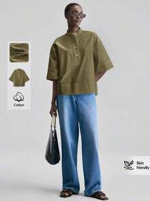 de diseño versátil y casual de serie esencial con sensación de lujo minimalista, con cuello redondo, hombros caídos y diseño suelto, silueta corta por delante y larga por detrás, de estilo urbano moderno y elegante para oficina, ideal para bod - Verde militar - Ver 2