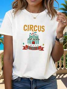 NewSummerCasualCamiseta ligera de estilo retro y divertido de circo con estampado de personal de circo, cuello redondo para mujer, primavera/verano, regalo informal para compras o vacaciones, ideal para reuniones de amigos, 100% algodón. Camisas de mujer - Camiseta unisex de algodón holgada de manga corta y cuello redondo estilo vintage urbano - Blanco - Ver 2