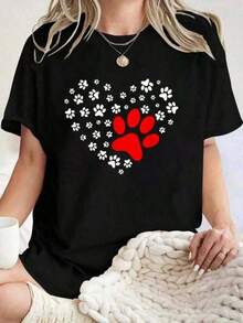 Camiseta de Mujer con Estampado de Corazón y Huella de Perro - Top Negro de Manga Corta y Cuello Redondo con Patrones Geométricos de Corazón y Huella en Blanco y Rojo, Camiseta Casual para Amantes de Mascotas, Lavable a Máquina, Estilo Cómodo para las Cuatro Estaciones, Regalo para Amantes de Perrosblusas para mujer playeras de mujer vestidos casuales para mujer y2k playeras deportivas para mujer verano camisetas ropa de mujer Fashion Perfect For Daily - Negro - Ver 6
