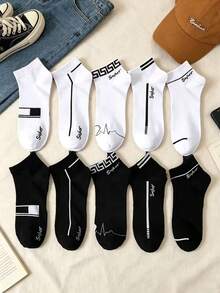 10 đôi tất cổ ngắn nam màu đen trắng, tất thể thao bằng cotton thoáng khí in họa tiết hình học, tất thể thao cổ thấp thường ngày. - Nhiều màu - Xem 5