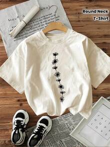 Camiseta de edición limitada con estampado gráfico, manga corta, cuello redondo, top casual para verano y primavera, ropa de mujer, algodón ligero. - Albaricoque - Ver 2