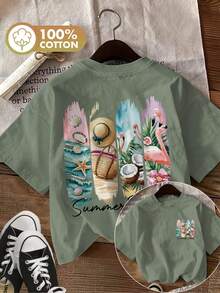 Edición Limitada, Camiseta de Mujer de Primavera/Verano con Estampado de Doble Cara, Estilo Acuarela, Estampado de Conchas Marinas y Flamencos, Estilo Veraniego, Pura, Moda Casual, Corte Regular, Manga Corta, Cuello Redondo, Algodón Ligero - Albaricoque - Ver 8