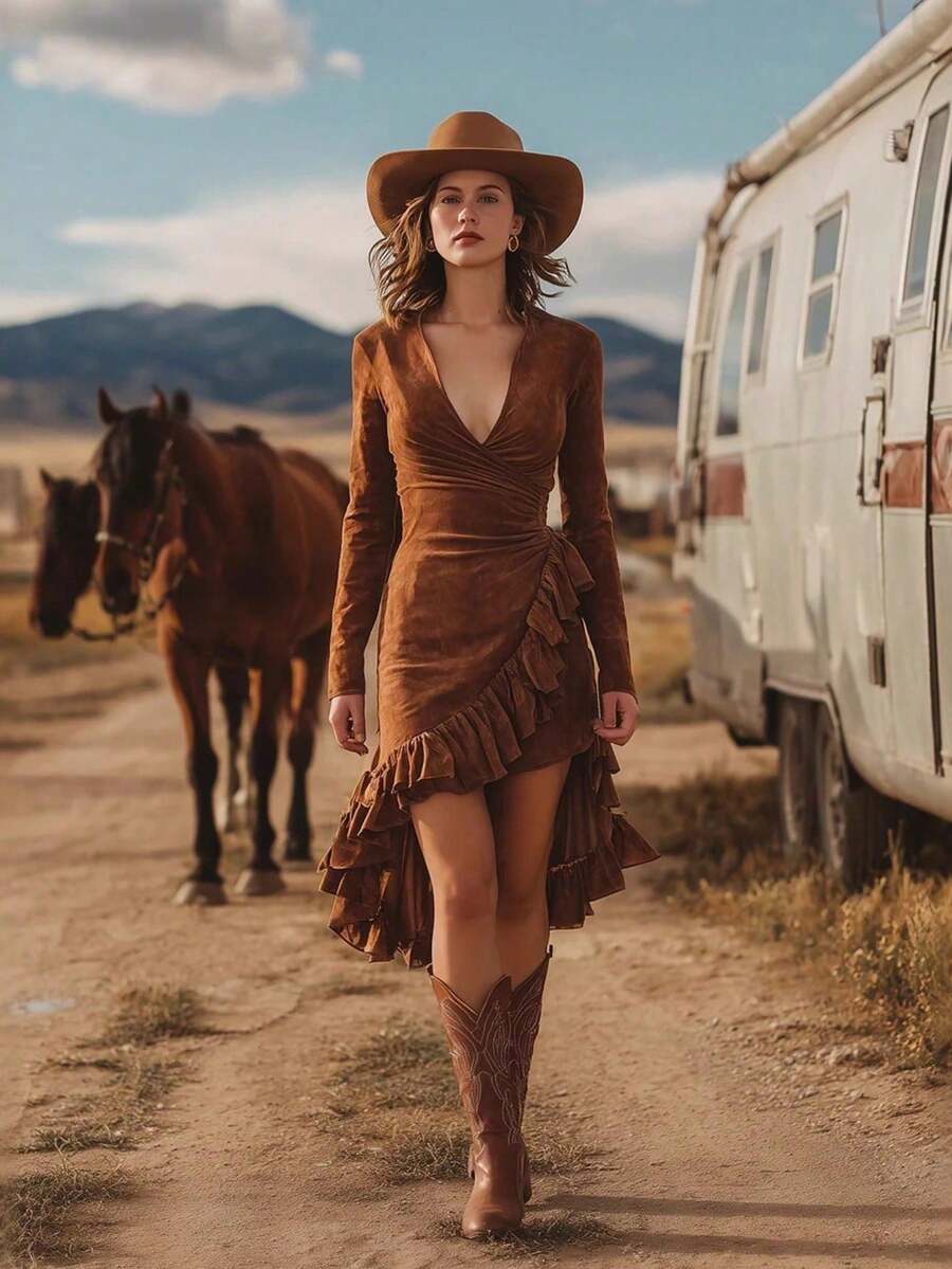 Vestido ante premium otoño 2026, diseño elegante y sofisticado para mujer. - Marrón - Ver 1