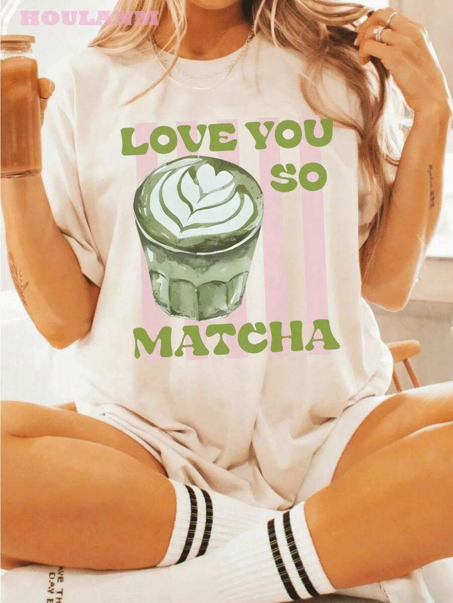 Women's Oversized Boyfriend Style T-Shirt With Matcha Coffee Graphic Print "Love You So", Concert Wear, Graphic Tees For Women, Vacation Clothes For Women, Summer Clothes For Women - 杏色 - 查看 1