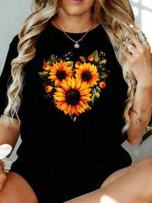 Camiseta Holgada para Mujer con Estampado de Corazón de Girasol, Diseño Floral, Cuello Redondo Blanco, 180g, para Ocio en Casa, Aire Libre, Regalo para el Día de San Valentín o Fiesta - Negro - Ver 7