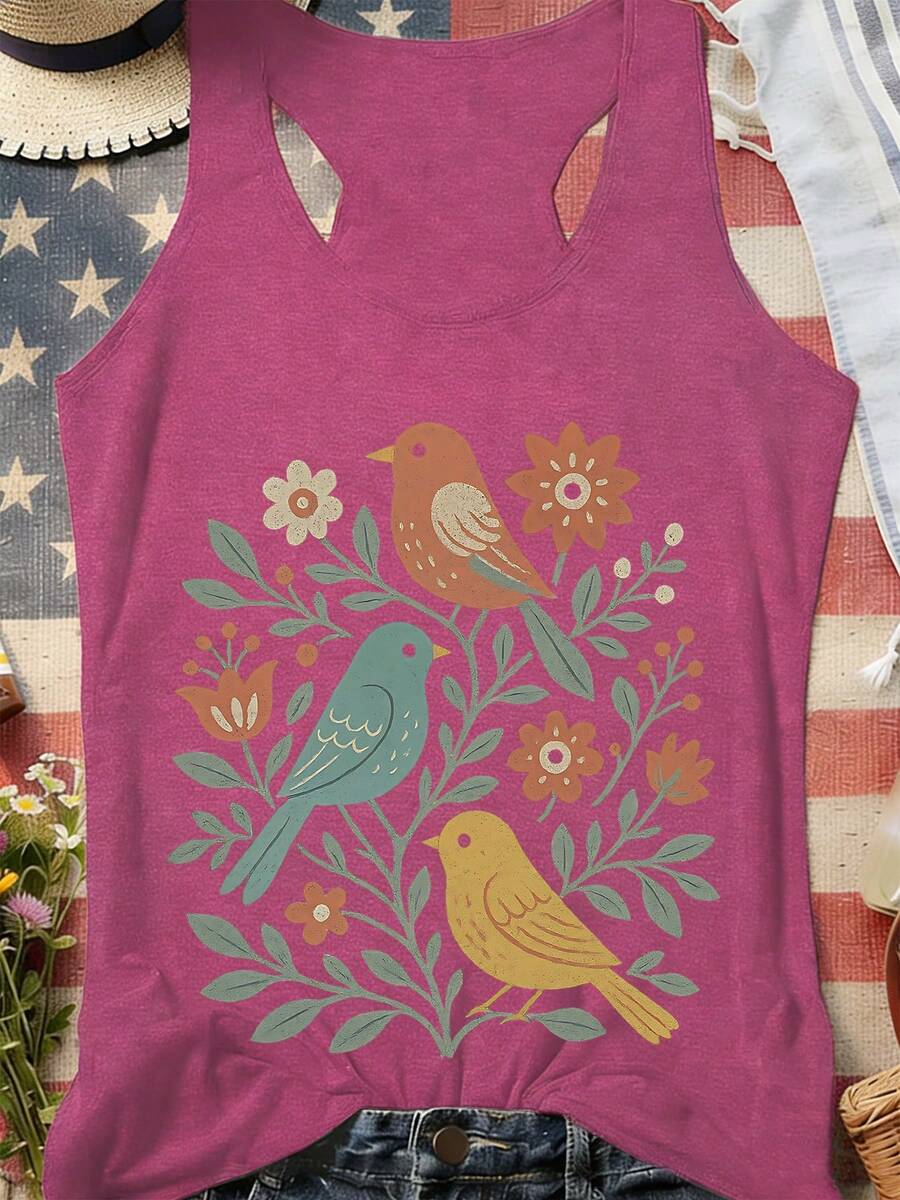 ELYSIAN WEAR 180G Vest Casual Summer Style Women's Sleeveless Top With Colorful Birds And Flowers Print For Nature Lovers And Outdoor Activities - 玫紅色 - 查看 1