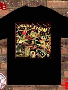 Camiseta de la banda Hellbilly Storm para hombre - Camiseta con logotipo vintage de Hellbilly y diseño de diablo rojo, corte holgado unisex, adecuada para conciertos, regalos, uso durante todo el año, ropa casual lavable a máquina con diseño de logotipo icónico, camiseta para mujer, local. - Negro - Ver 1