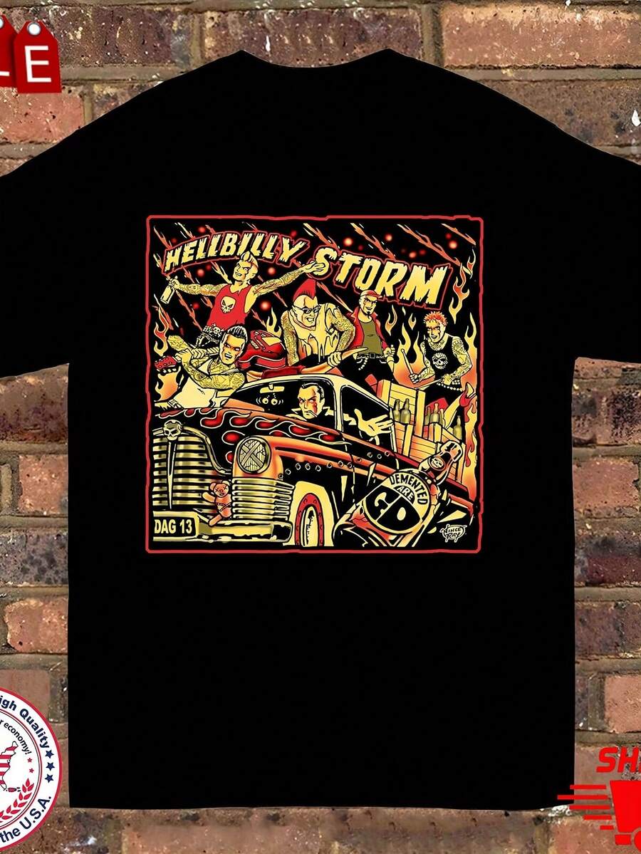 Camiseta de la banda Hellbilly Storm para hombre - Camiseta con logotipo vintage de Hellbilly y diseño de diablo rojo, corte holgado unisex, adecuada para conciertos, regalos, uso durante todo el año, ropa casual lavable a máquina con diseño de logotipo icónico, camiseta para mujer, local. - Negro - Ver 1
