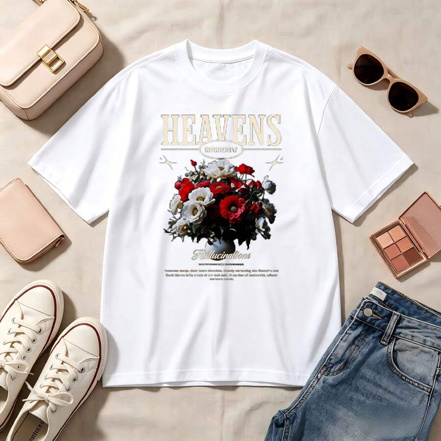 Retro Floral Print, 100% Cotton Oversized Soft Breathable Casual Crewneck Short Sleeve Top, Vintage Aesthetic Summer Vibes Romantic Streetwear Style - Blanco - Ver 1