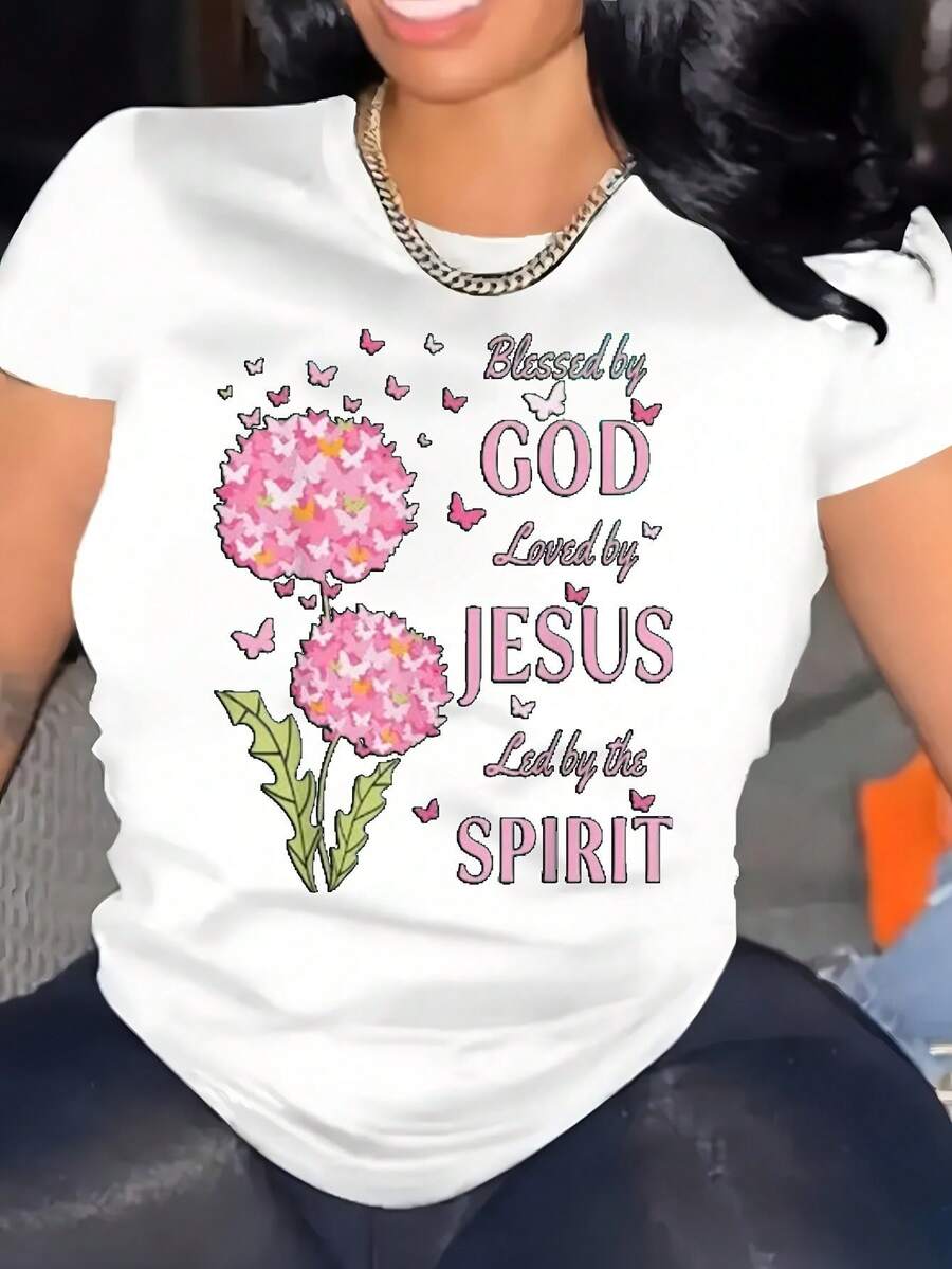 Round Neck Short Sleeve Casual T Shirt For American Women With Religious - Themed By GoD Loved By JeSuS Led By The SPiRiT Design Creative Pattern Plus Sizes Breathable Fashionable - White - View 1