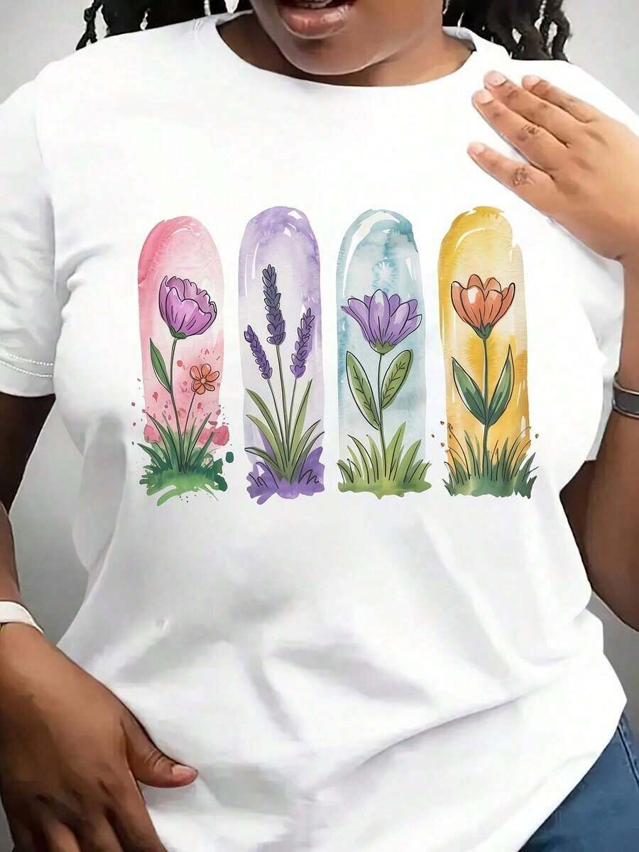 Women's Tulip Floral Print T-Shirt - Round Neck, Pastel Pink And Tulip Summer Top - Lightweight Casual Blouse For Spring And Summer, Ideal For Casual Outfits And Gift Ideas (Machine Washable) - 白色 - 查看 1