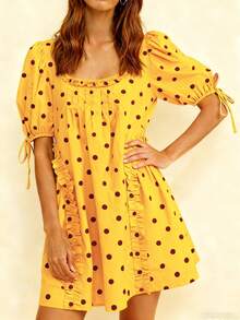 Women Short Puffy Sleeve Princess Tulle Dress Fluffy Mesh Fairy Mini Dress Bubble Sleeve Party Prom Dress - Yellow - View 1