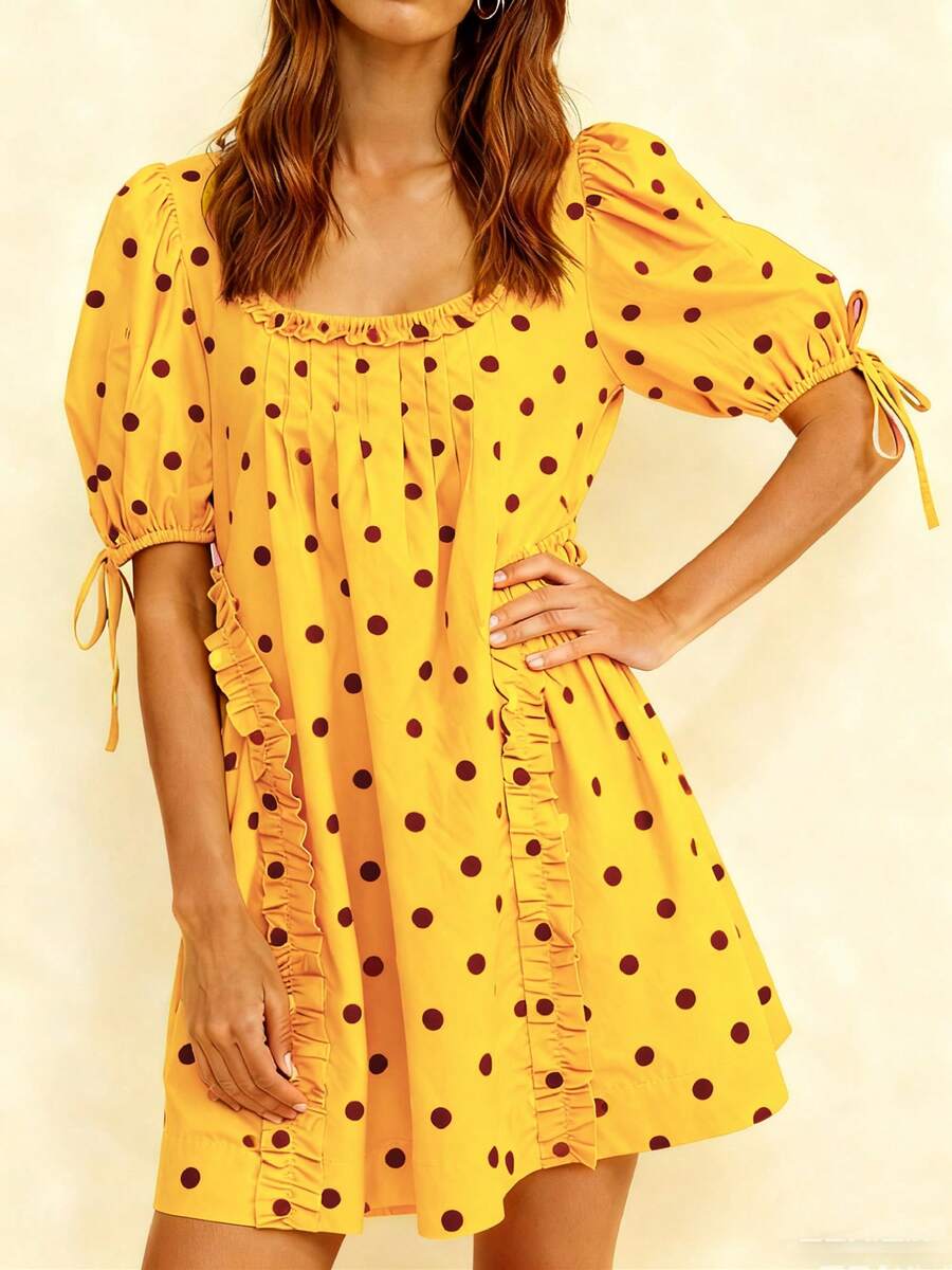 Women Short Puffy Sleeve Princess Tulle Dress Fluffy Mesh Fairy Mini Dress Bubble Sleeve Party Prom Dress - Yellow - View 1