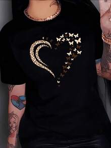 Heart Formed By Feline Curves And Golden Butterflies Symbolizing Inner Strength And The Freedom Of The Feminine Soul. Women's Casual, Modern, Comfortable T-Shirt For Everyday Wear. - 黑色 - 查看 8