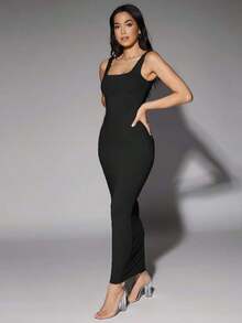 Vestido de tirantes de cuello redondo liso - Negro - Ver 4