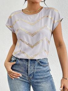 Blusa de mangas tipo murciélago de satén de unicolor, blusas de manga corta - Gris Claro - Ver 1