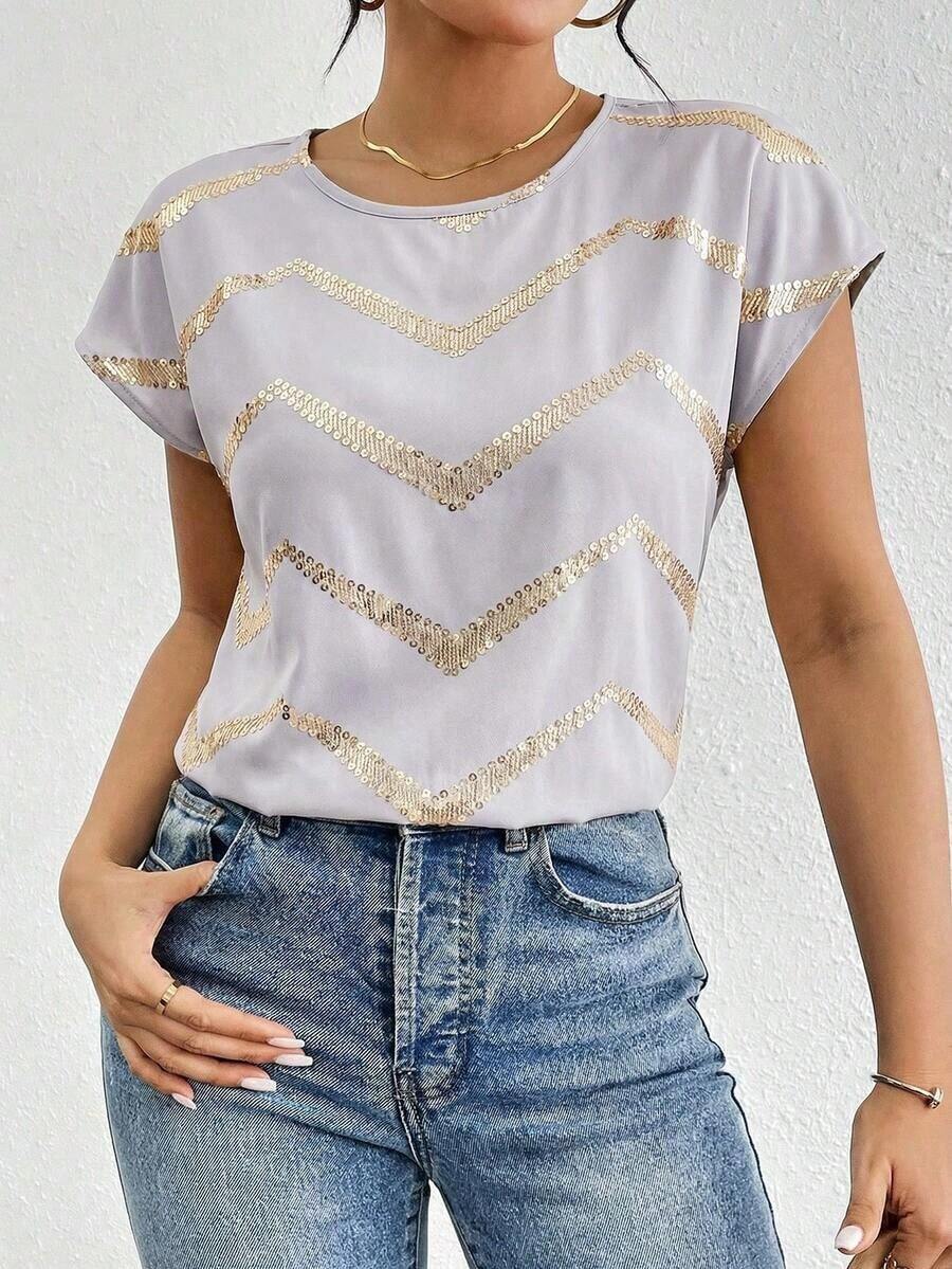 Blusa de mangas tipo murciélago de satén de unicolor, blusas de manga corta - Gris Claro - Ver 1
