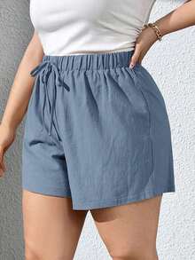 Pantalones Cortos Khaki De Textura De Talla Grande Para Mujer Para Primavera/verano - Azul - Ver 5