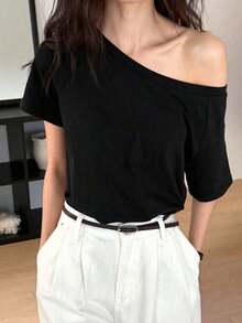 Nueva Ropa 2026 , Camiseta Casual de Mujer de Color Sólido con Hombro Oblicuo, Diseño Versátil - Negro - Ver 4