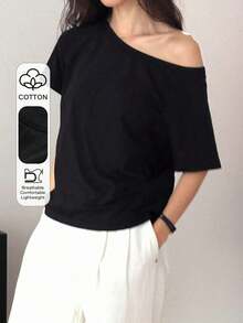 Nueva Ropa 2026 , Camiseta Casual de Mujer de Color Sólido con Hombro Oblicuo, Diseño Versátil - Negro - Ver 9