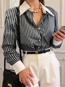 Camisa con botones con estampado de rayas, Top de manga larga - Negro - Ver 3