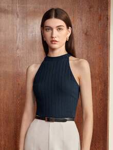 Nuevo diseño de verano/primavera para mujer, top de punto acanalado con cuello plisado sin mangas, elegante y chic para uso urbano y diario, romántico estilo retro de los 90, versátil y minimalista, adecuado para invitados de boda, anfitriones, ci - Azul marino - Ver 4