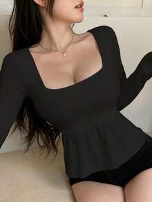 Blusa casual de mujer con cuello cuadrado, manga corta, silueta acampanada y tela texturizada, top sexy y lindo - Negro 2 - Ver 5