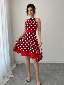 Vestido mini casual de fiesta con pliegues y lunares para mujer - Rojo - Ver 5