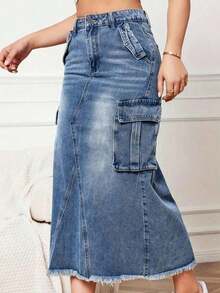 Minifalda de mezcla de algodón para mujer, de unicolor, con bolsillos, adecuada para todo el año, casual, negra, primavera - Azul lavado medio - Ver 4